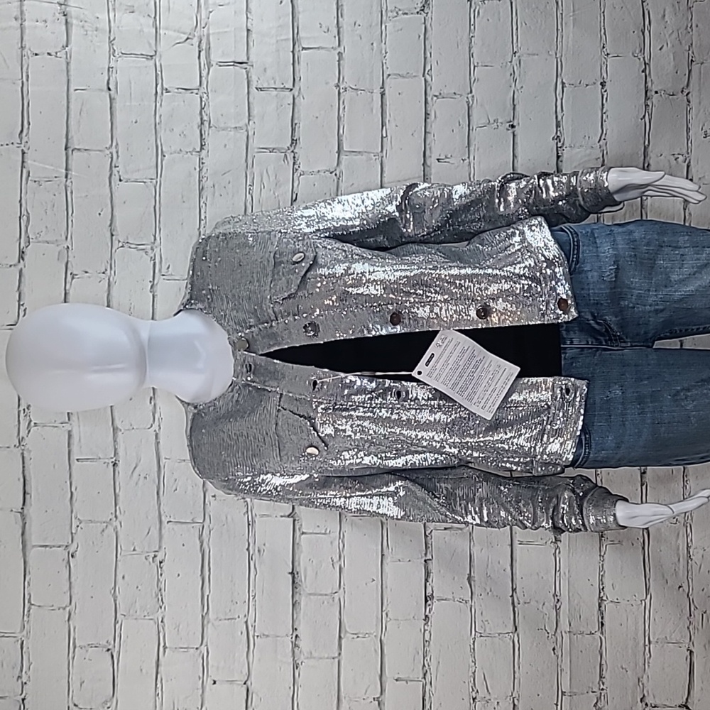 IRO Dalome Metallic Sequined Long Sleeve Button Down Collarless Dress Jacket NWT